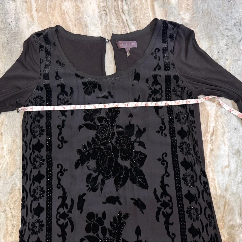 Women’s HALE BOB Black beaded long sleeve floral dress- Size small - Picture 5 of 8